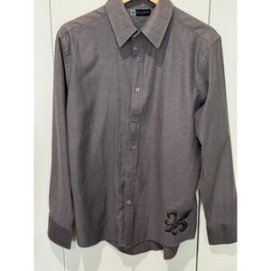 Men's LEVELTEN taupe Casual Button Down Shirt with Black Fleur de Lis, Size L